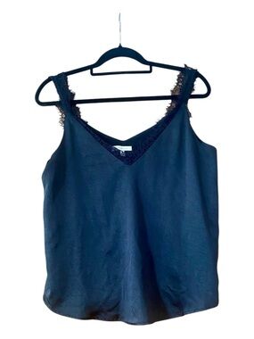 Skies Are Blue Black Lace Trim Cami Top Satin Sleeveless Blouse Size M